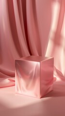 Visualize a satin cube with a smooth, lustrous surface Highlight its elegant sheen, on a rose pink color background - obrazy, fototapety, plakaty
