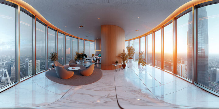 Splendida vista panoramica di un moderno ufficio all'interno di un grattacielo, ampie vetrate , sfondo di palazzi