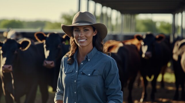 American female cattleman stands holding a tablet and looks into the camera on a cattle farm