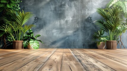 Indoor scene with wooden floor and potted green plants against a gray wall.