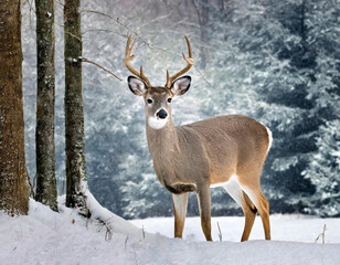 White tail deer ( odocoileus virginianus) in the snow, at the edge of the woods.