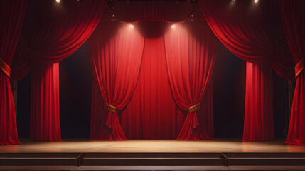 Vivid Red Stage Curtains Illuminated by Spotlight - obrazy, fototapety, plakaty
