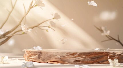 Serene wooden podium with scattered white flowers in soft light
