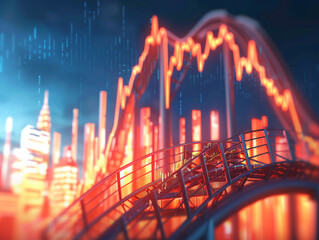 A rollercoaster track against the backdrop of fluctuating economic graphs, depicting the ups and downs of market risk and uncertainty - obrazy, fototapety, plakaty
