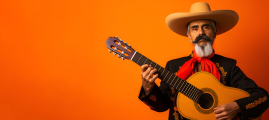 Obraz premium Mexican senior man in sombrero hat playing guitar on orange background, Cinco de Mayo