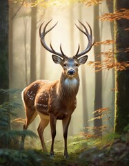 A magnificent stag stands proud in a sun-dappled forest, its large antlers contrasting with the soft autumnal colors of the woodland AI generation