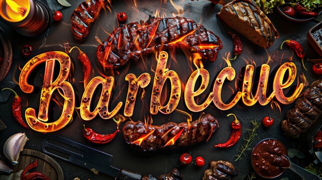 Fiery barbecue-themed image with meats, spices, and grilling utensils
