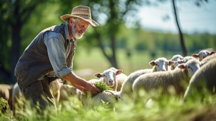 farmer feeding his flock of sheep in the field on In the pasture and on the farm.