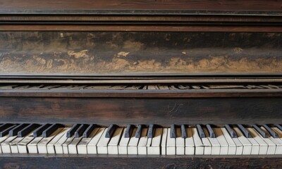 Fototapeta na wymiar A classical piano with a distressed wood finish and an open top, revealing its aged ivory keys, tells a story of musical history and the beauty in wear. AI generation