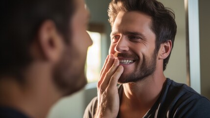 Man with sensitive teeth touching his - obrazy, fototapety, plakaty