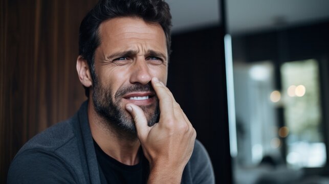 Man with sensitive teeth touching his