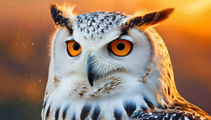 Great horned owl (Bubo virginianus) captured in an orange backdrop of a sunset.	