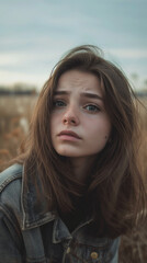 Fototapeta premium A teenage girl looking straight ahead sadly