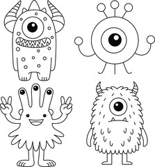 Happy Halloween. Set of cute monster isolated on white background cartoon character coloring page for kids. Funny animal outline illustration