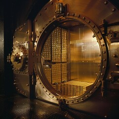 Bank vault door open, gold bars inside, medium shot, secure, dim lighting