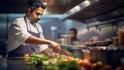 Indian chef working in the kitchen, culinary jobs and hotel management concept