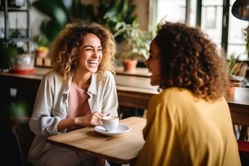 Fototapeta premium ladies laugh over tea and discuss new creative projects in the cafe.