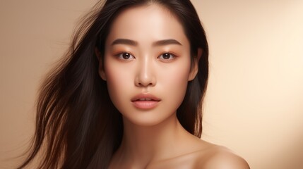 Beauty face. Woman with natural makeup and healthy skin portrait. Beautiful asian girl model touching fresh glowing hydrated facial skin on beige background closeup. Skin care concept.