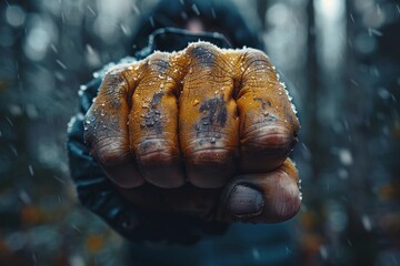 The striking image shows a close-up of a worker's hand covered in grime, conveying a narrative of hard work and enduring labor - obrazy, fototapety, plakaty