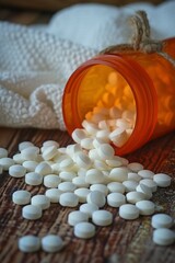 Spilled White Pills from Bottle on Wooden Table