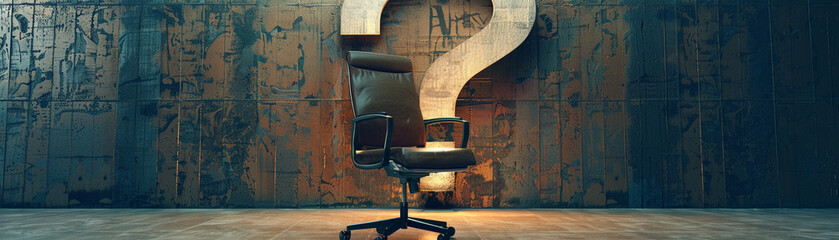 An office chair facing a giant question mark, embodying the moments of uncertainty and contemplation in business decisions - obrazy, fototapety, plakaty