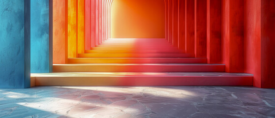 Fototapeta premium A long hallway with red, yellow, and blue pillars and empty wall