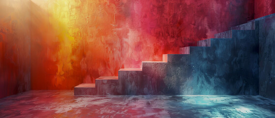 Colorful staircase shown in room with empty wall, concrete painted in different colors