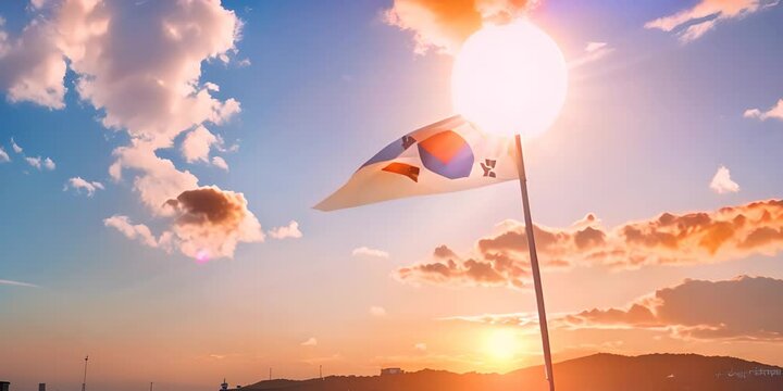 Waving South Korea flag on sunset sky. Background with place for your text. 4K Video