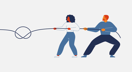Man and woman are pulling the rope in one direction. Concept of cooperation, unity, shared goals, strength, and mutual support in relationship. Vector illustration