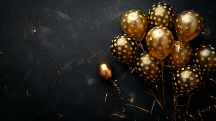 Elegant gold balloons with polka dots on a dark textured background - obrazy, fototapety, plakaty