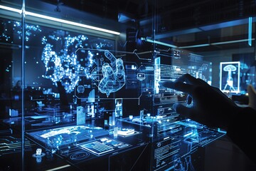 A man is standing in a dark room engaging in advance tech