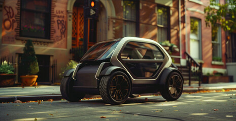 Concept self-driving mini eco car in modern suburban neighborhood, banner - obrazy, fototapety, plakaty