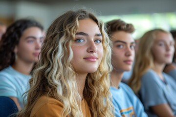 Teenage girl with curly hair and blue eyes, brightly standing out among peers in a classroom