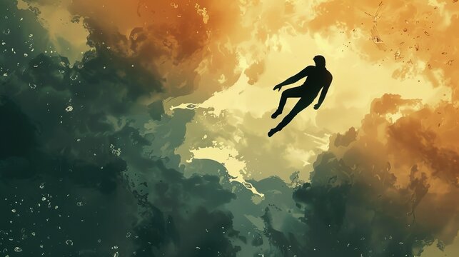 An illustration depicts a man in a free fall from the sky, presenting a minimalistic conceptual visualization