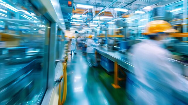 An Industry 4.0 factory scene captures a team of engineers, professionals, and workers in motion as they optimize CNC machinery and production lines, with a blurred effect conveying movement
