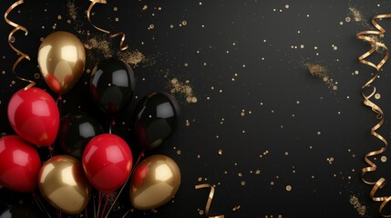 Elegant red, black, and gold balloons with confetti on a dark background