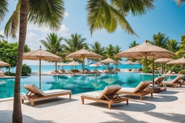 Tropical Silence: Discover the allure of the coastline and a luxurious pool in a hot country - obrazy, fototapety, plakaty