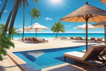 Fototapeta premium Oasis by the ocean: Immerse yourself in the luxurious beach resort experience with a pool in a hot country