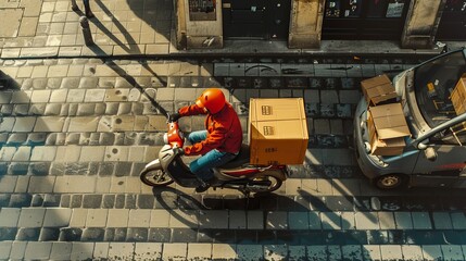 Couriers are depicted carrying out delivery orders, suggesting a focus on logistics and goods transportation - obrazy, fototapety, plakaty