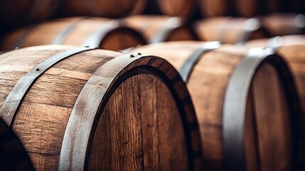 Dark wooden wine beer barrels stacked background