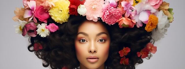 Beauty portrait of chinese girl with flowers on her head on white background, afro-chinese girl with flowers in hair.