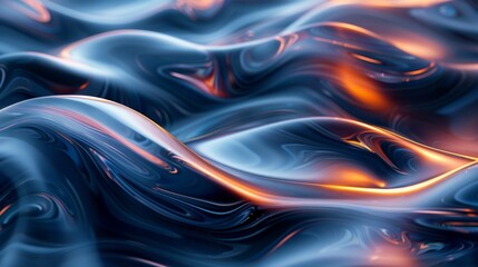 A shiny, metallic surface with orange and blue waves. The surface is reflective and has a metallic sheen