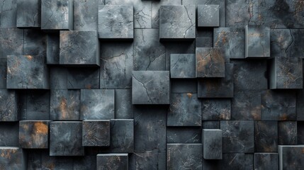 A wall made of gray and black blocks with a brownish tint. The blocks are arranged in a way that creates a sense of depth and texture. Scene is one of ruggedness and strength - obrazy, fototapety, plakaty