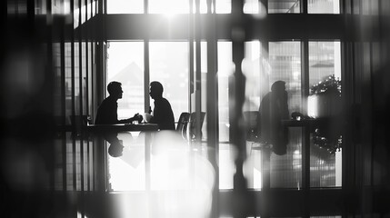 The side view of two businessmen engaged in a discussion within a conference room, captured with a blurred perspective - obrazy, fototapety, plakaty