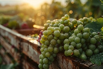 Close-up of fresh, dewy grapes on the vine, illuminated by a soft sunrise, suggesting vineyard harvest - obrazy, fototapety, plakaty