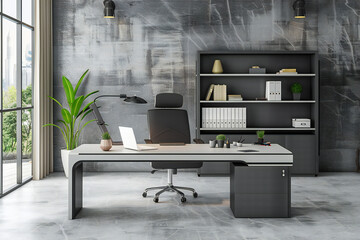 Modern ceo interior desk with pc table and shelf with window  - obrazy, fototapety, plakaty