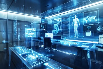 A modern office space filled with blue lights, creating a futuristic ambiance