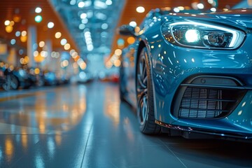 The striking blue car with its headlight on display in a showroom exudes luxury, speed, and modern automotive design - obrazy, fototapety, plakaty