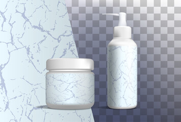 Marble pattern, soap and cream 3d mockup, great design for any purposes. An example of the pattern of the shampoo bottle mock up. Realistic vector illustration.