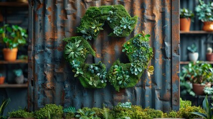 A wall covered in plants and a green wreath that says recycle. The plants are arranged in a way that looks like a recycling symbol - obrazy, fototapety, plakaty